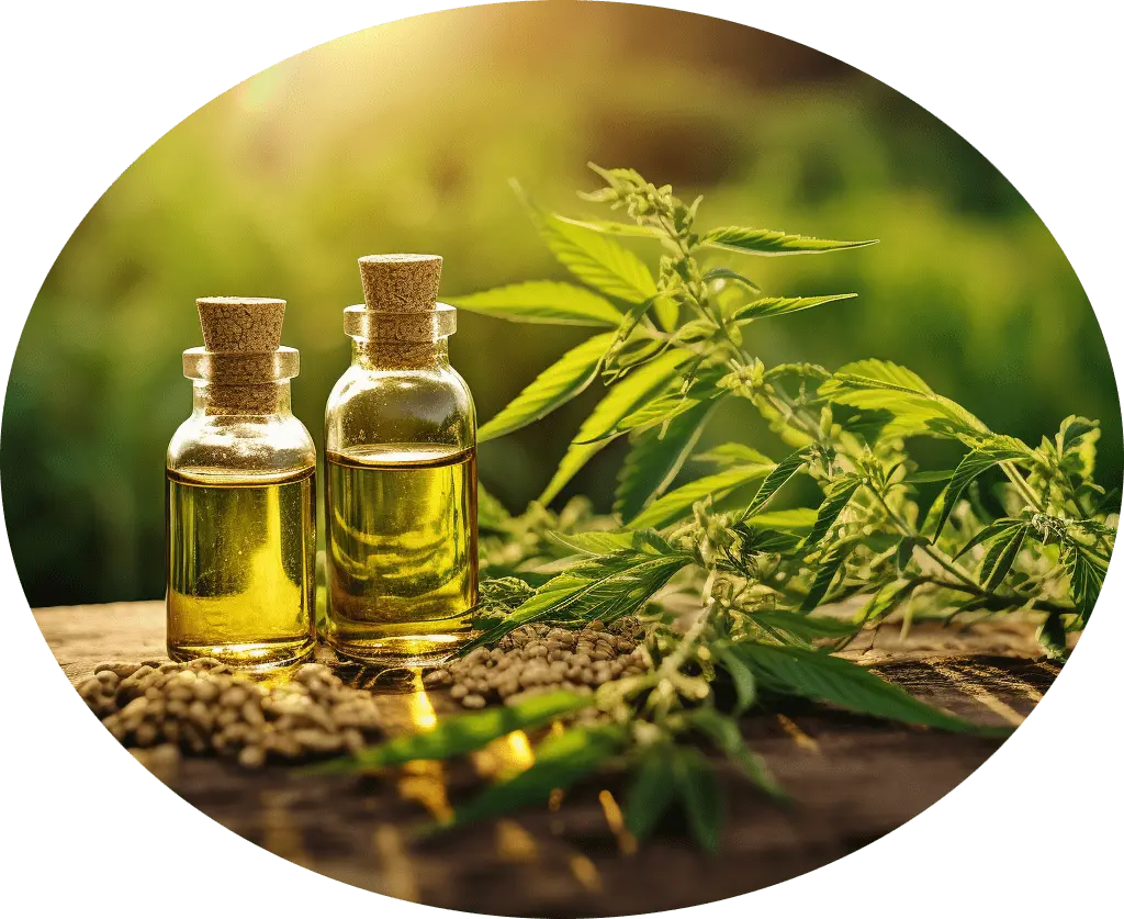Goldenes CBD-Öl in einer transparenten Tropfflasche.